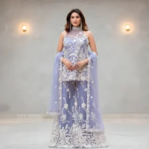 Lavender thread work sharara set with embroidered halter neck kurta, wide sharara pants and soft net dupatta for festive and party wear