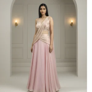 Blush pink lehenga saree with sequin blouse and draped pallu for party and wedding wear