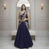 Navy blue lehenga saree with intricate gold embroidery, sleeveless blouse and flowing lehenga skirt for wedding and party wear