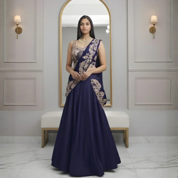 Navy blue lehenga saree with intricate gold embroidery, sleeveless blouse and flowing lehenga skirt for wedding and party wear