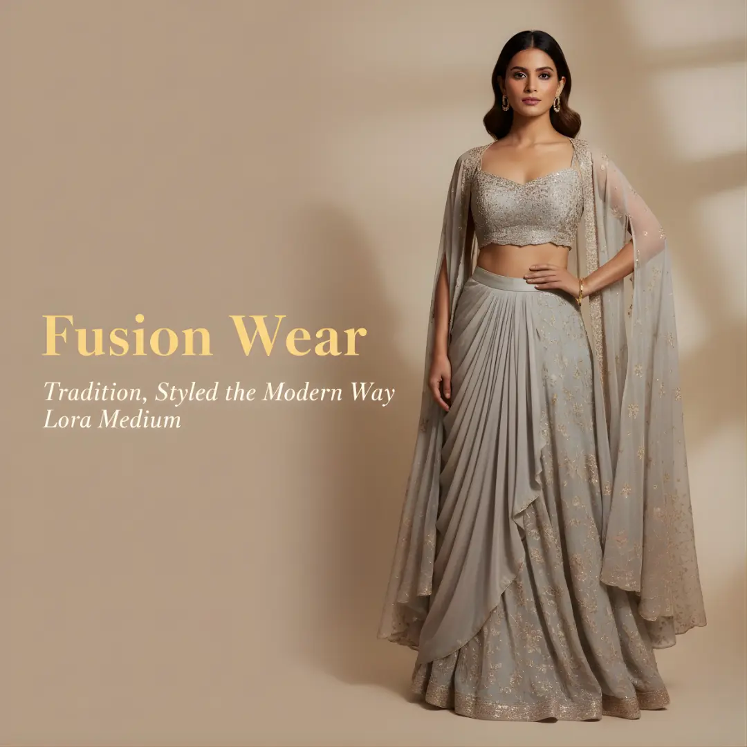 Indo-western fusion wear outfit for women featuring modern draped skirt and embroidered crop top in neutral tones