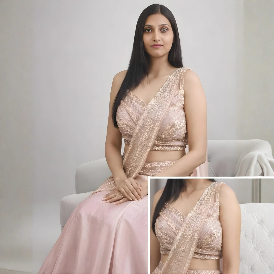 Close up of blush pink sequin lehenga saree blouse with draped saree style detailing