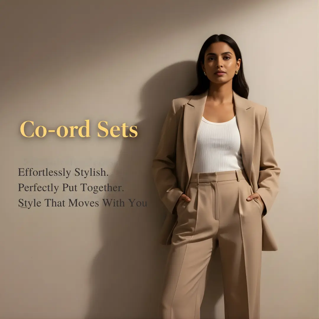 Beige co-ord set for women with modern tailored fit and minimalist styling by Velvet Studio