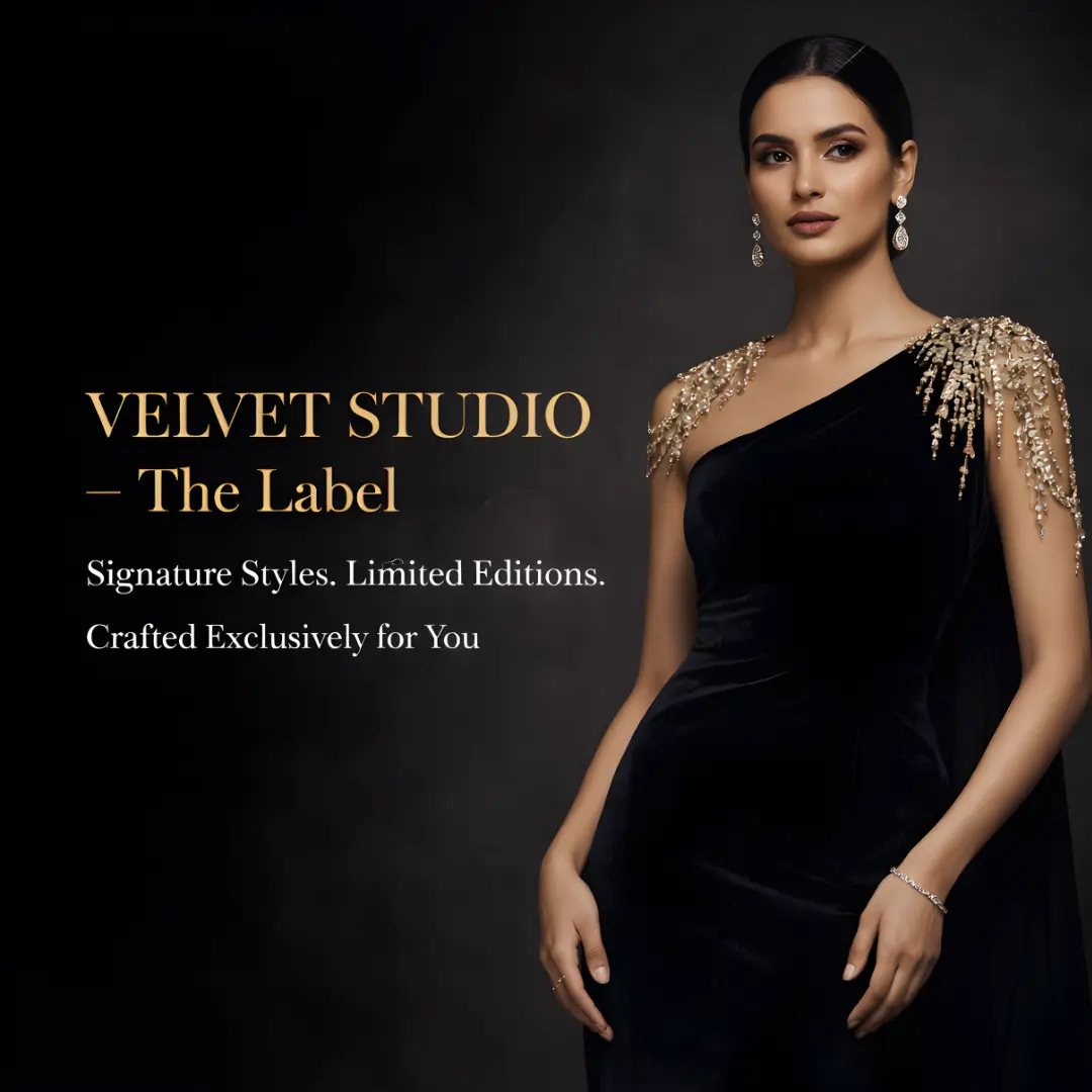 Luxury designer evening wear from Velvet Studio featuring statement black gown with couture detailing