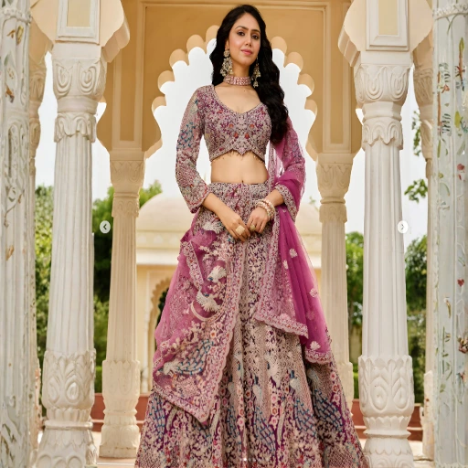 Model wearing pink gold embroidered lehenga set under royal arches, styled for wedding and festive wear