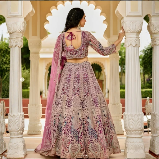 Back view of pink gold embroidered lehenga blouse with tie-up detailing and flowing skirt