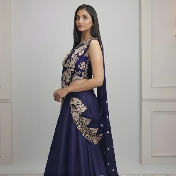 Side view of navy blue lehenga saree showing gold embroidered drape and flowing skirt