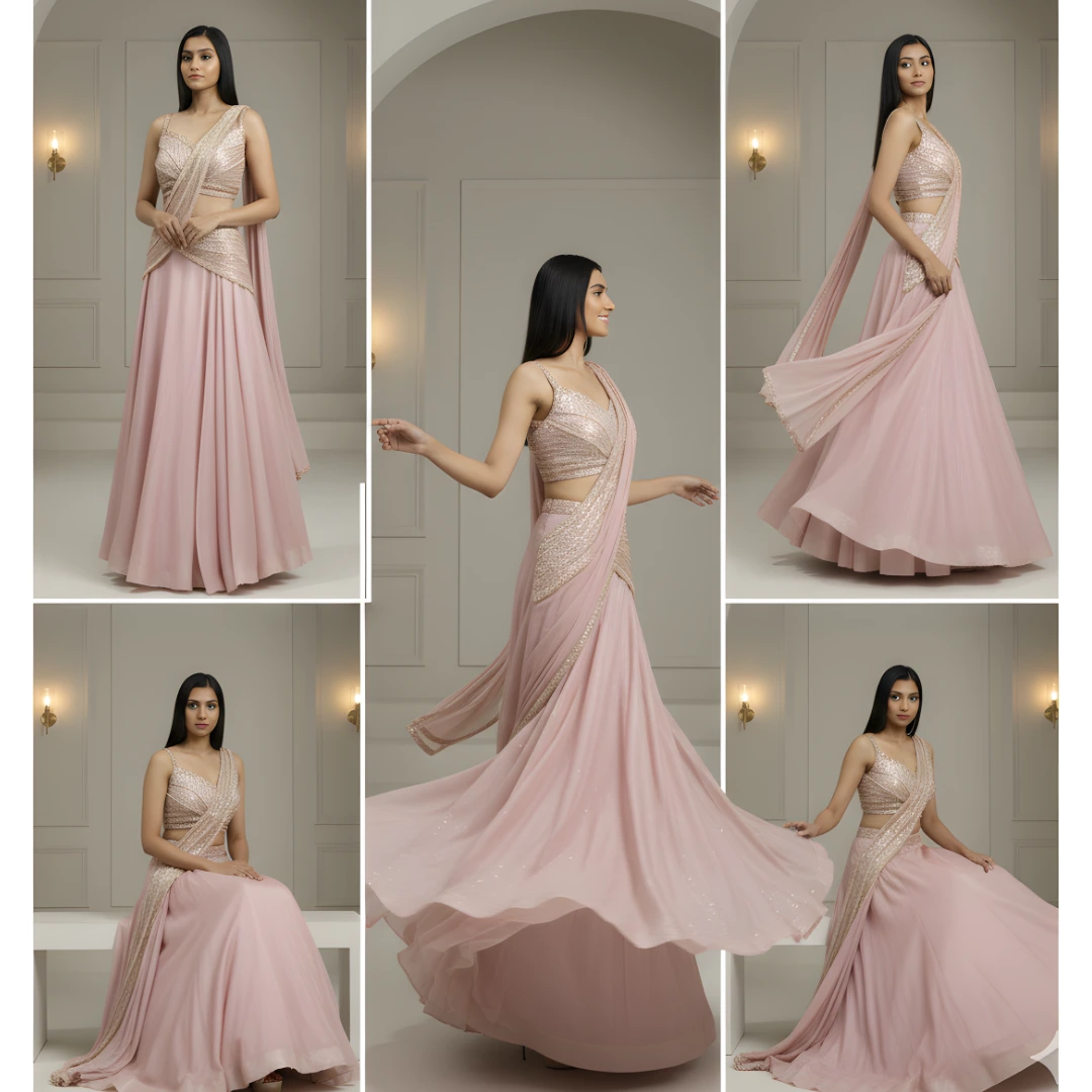 Multiple views of blush pink lehenga saree including front, side and twirl shots
