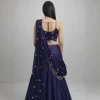 Back view of navy blue lehenga saree with embroidered blouse and elegant draped pallu