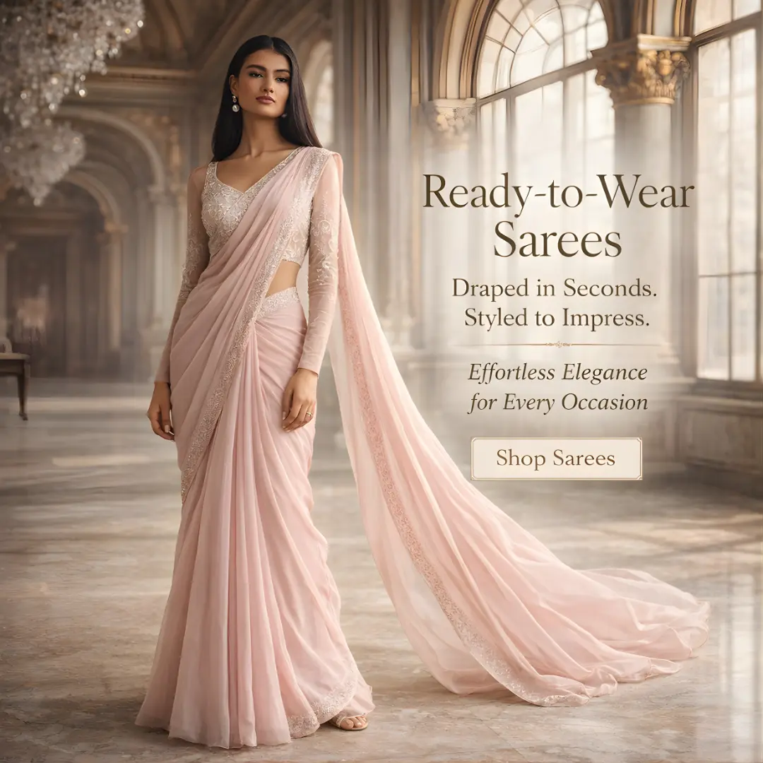Pastel pink ready-to-wear saree with modern blouse and elegant drape by Velvet Studio