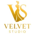Velvet Studio logo in gold with VS monogram and elegant woman silhouette – premium Indian women’s fashion brand for ethnic, western, and luxury boutique clothing
