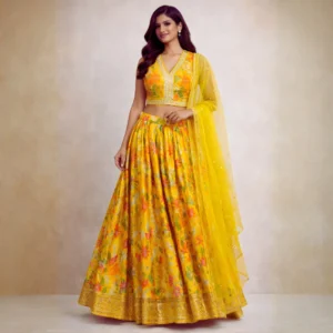 Yellow floral gota patti lehenga for haldi and mehendi with flowing dupatta and V-neck blouse