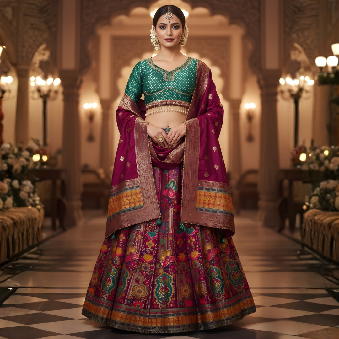 Lightweight Banarasi lehenga styled for festive and wedding functions with traditional accessories
