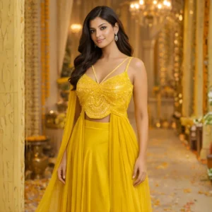 yellow-zari-cut-dana-handwork-indo-western-haldi-festive-wear