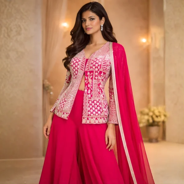 Hot pink party wear Sharara with heavy golden zari and cut dana hand embroidery for wedding reception and sangeet