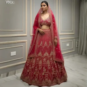 Hot pink bridal lehenga with gold hand embroidery and net dupatta front view