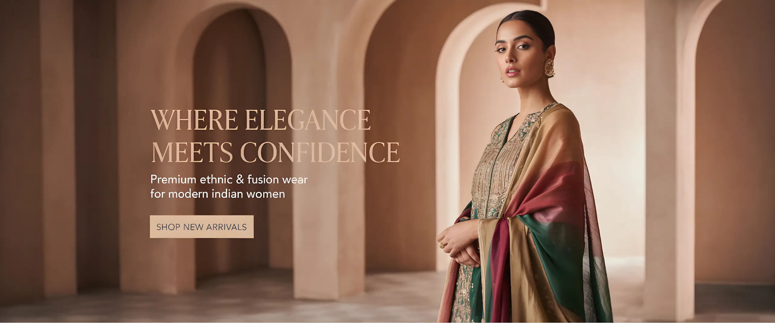Premium Indian ethnic and fusion wear for modern women showcased in an elegant boutique-style setting