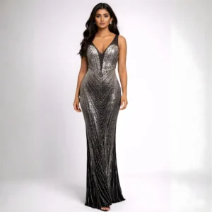 Silver sequin fish cut party gown for women with deep V neckline and bodycon fit