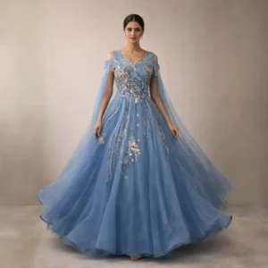 Light sky blue hand embroidered party wear gown in soft net fabric with V-neck and flowing flare
