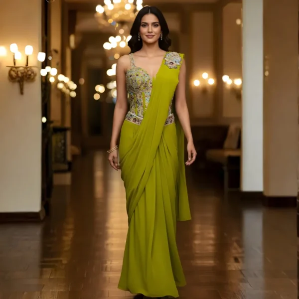 Olive green ready to wear saree with zardosi and cut dana handwork for mehendi and wedding functions