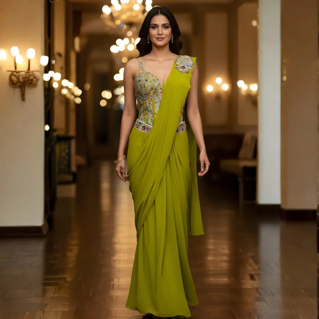 Olive green ready to wear saree with zardosi and cut dana handwork for mehendi and wedding functions