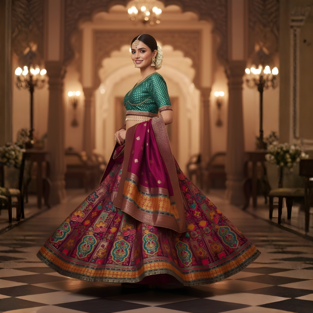 Side angle of lightweight Banarasi lehenga showing flare, blouse fit and dupatta drape