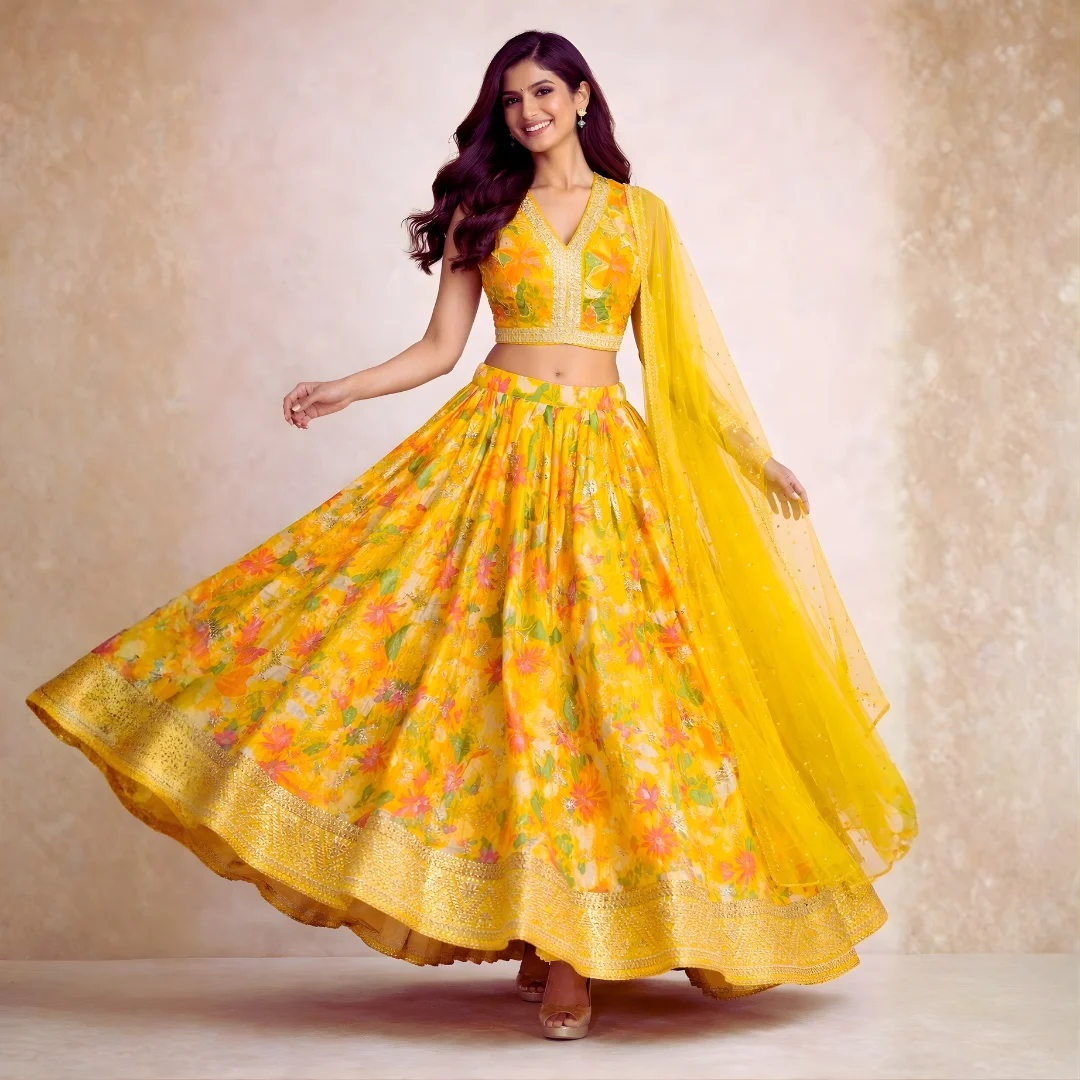 Haldi mehendi yellow lehenga with floral print and hand embroidered blouse