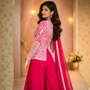 Side view of hot pink indo western with embroidered jacket and flowing dupatta for festive wear