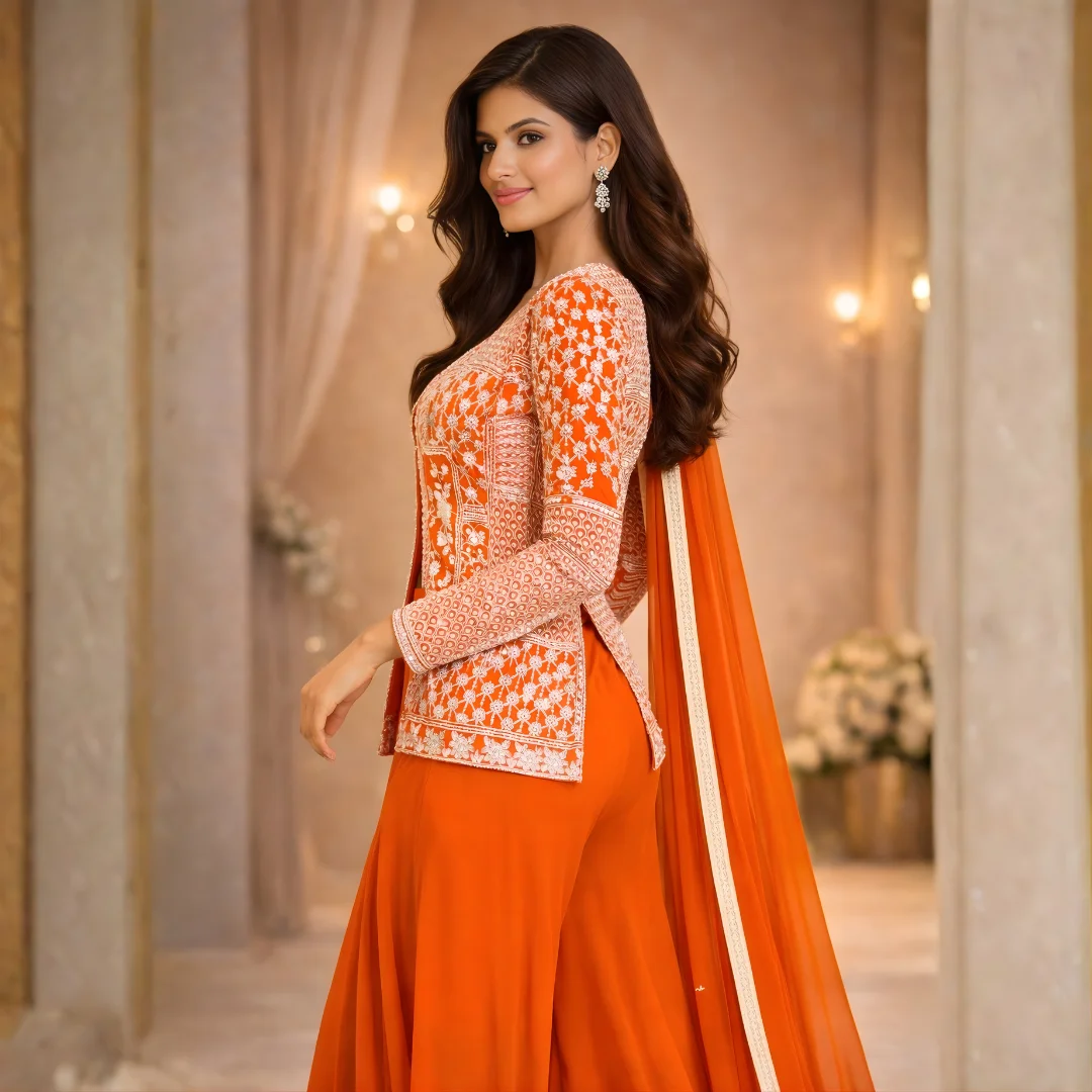 Side profile of rust zardosi hand embroidered sharara highlighting fit and silhouette