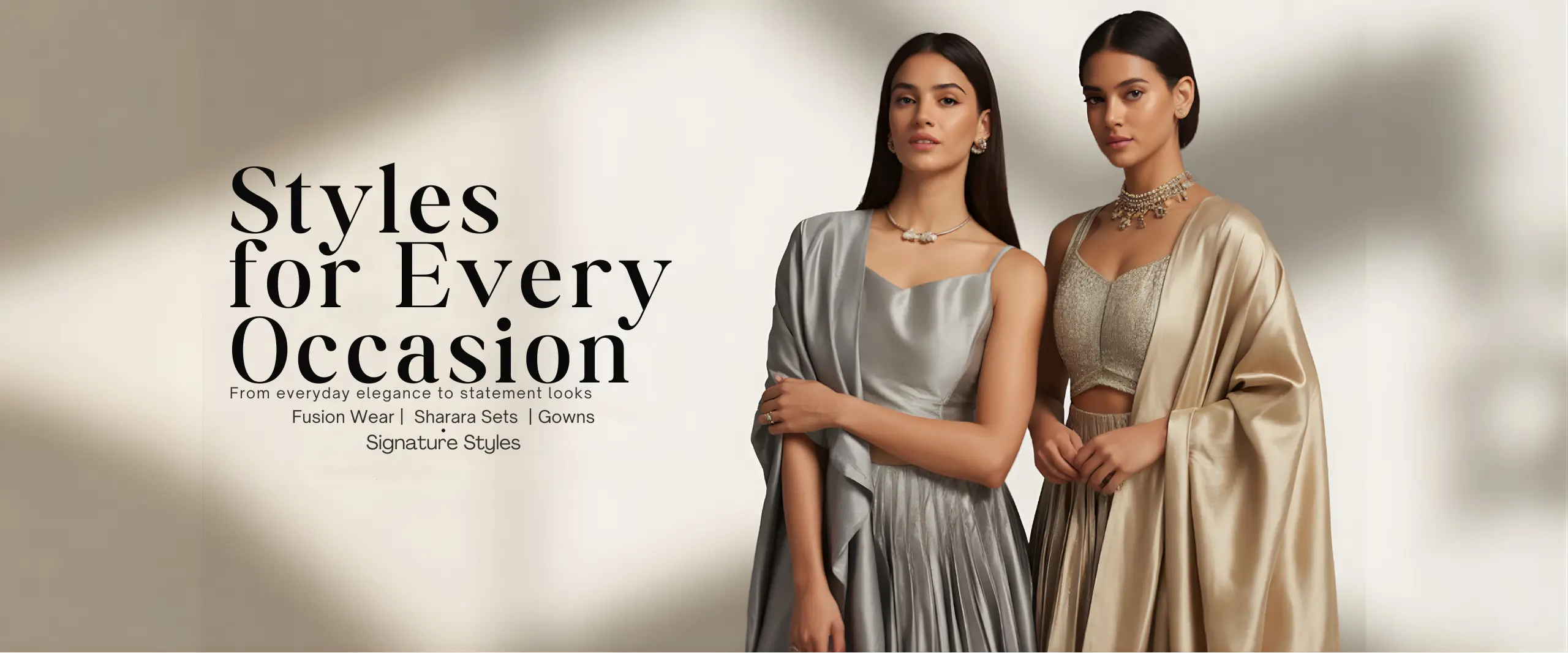 Modern Indian women wearing fusion wear, sharara sets, gowns, and signature festive outfits