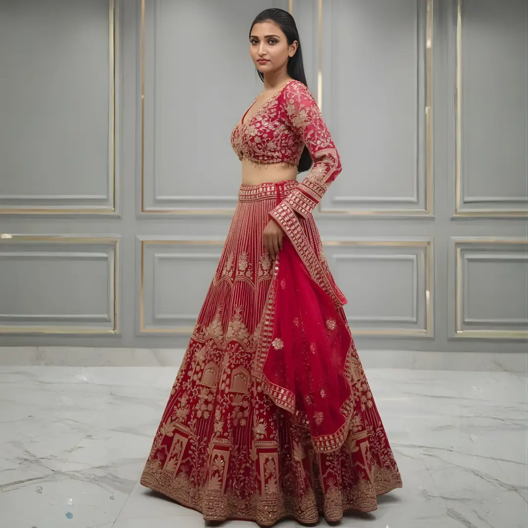 Side view of hot pink bridal lehenga with golden embroidery and net dupatta