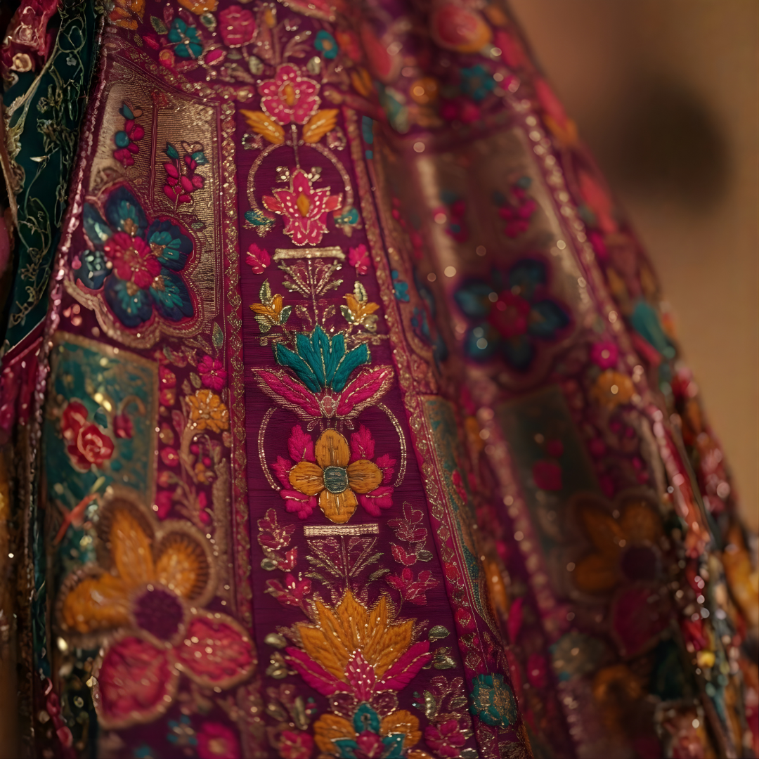 Close up of multicolor Banarasi lehenga skirt with traditional woven motifs