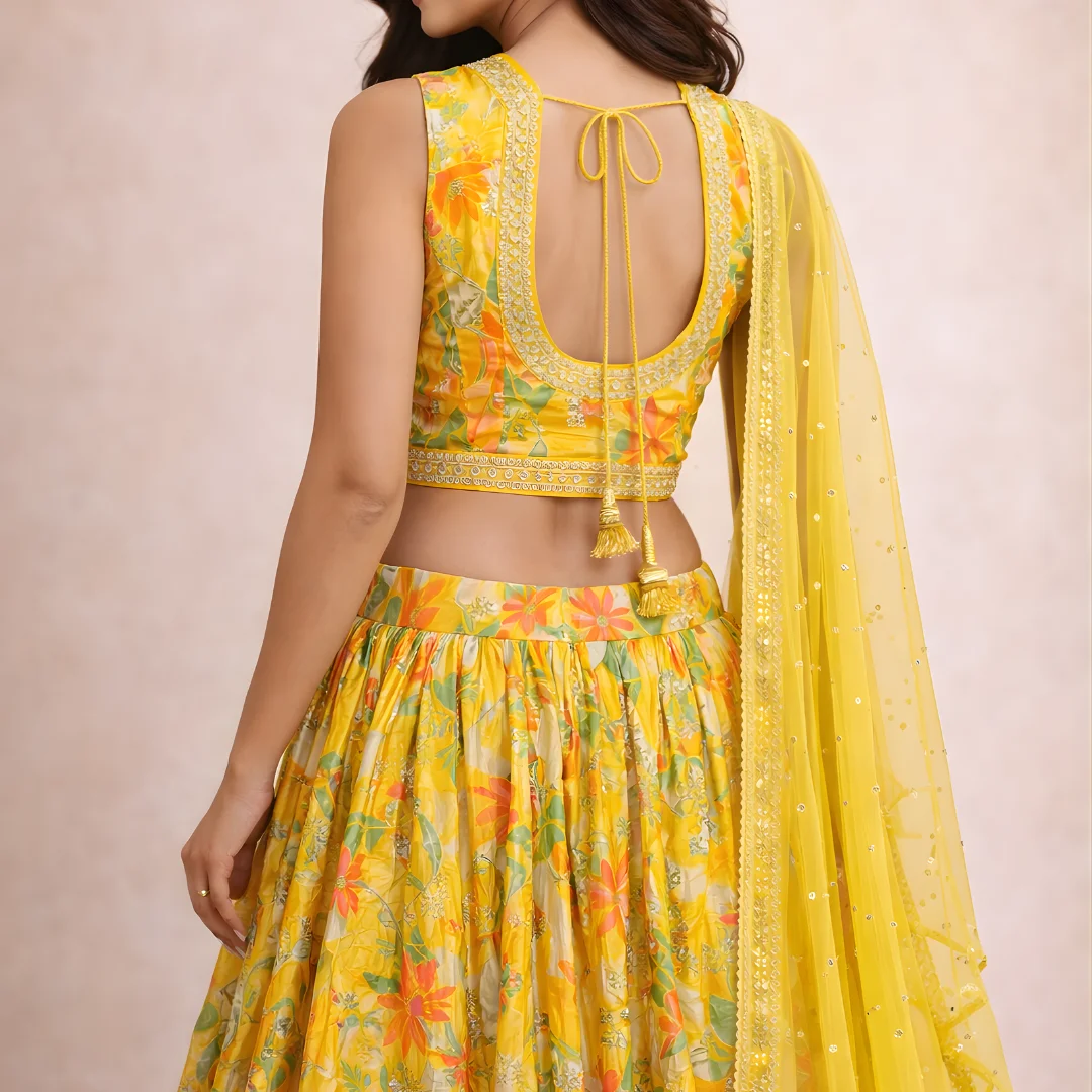 Back design of yellow lehenga blouse with dori tie and dupatta