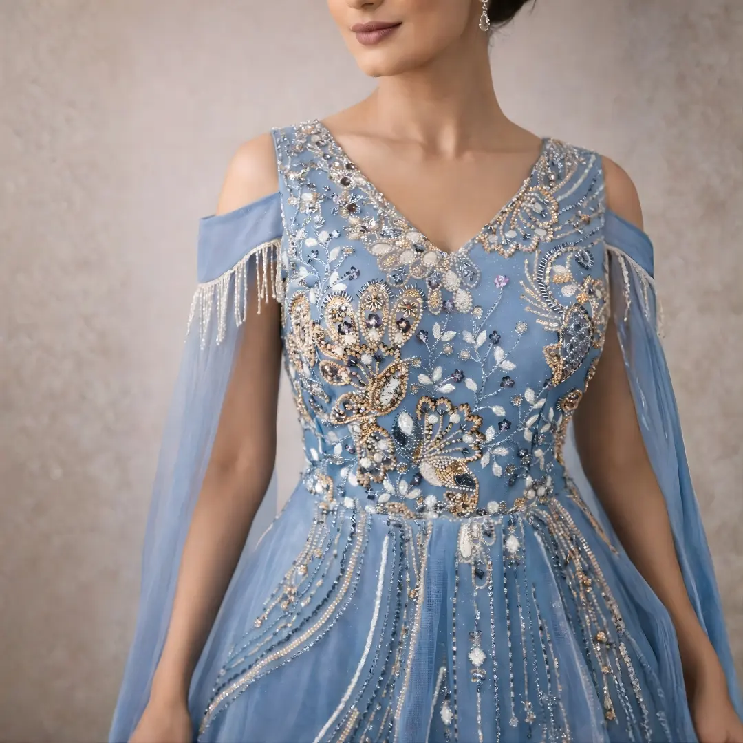 Close up of hand embroidery and beadwork on light sky blue soft net party gown bodice