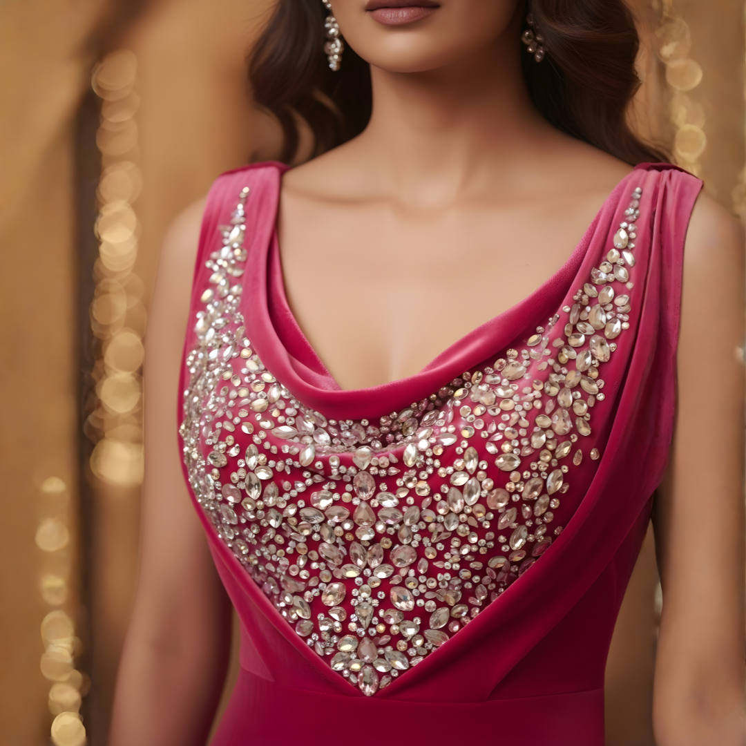 Close up of stonework embellishment on baby pink velvet bodycon gown neckline
