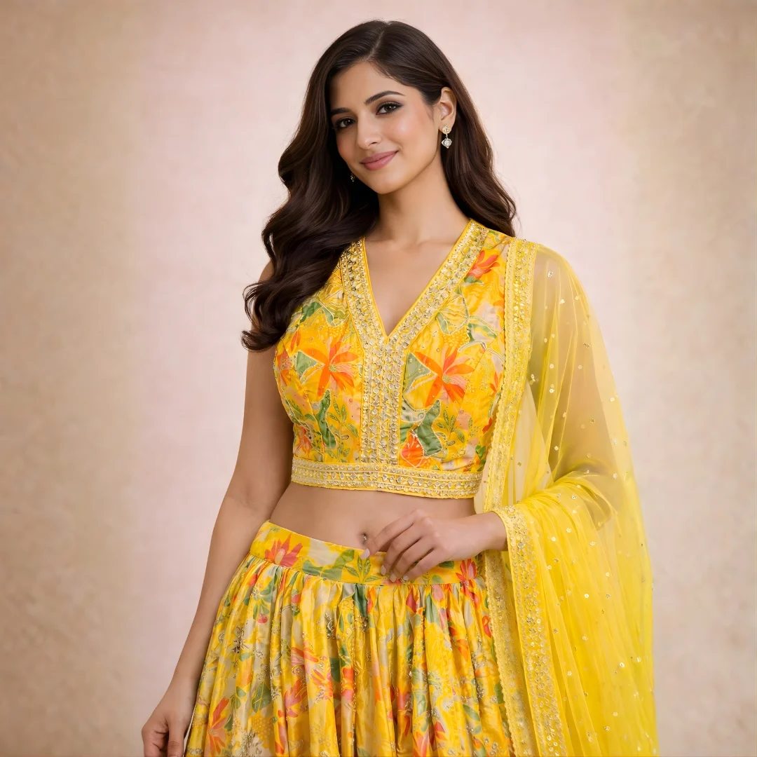 Gota patti embroidery on yellow floral blouse with V-neck lehenga choli