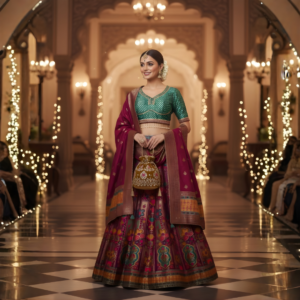Lightweight Banarasi handwork lehenga with green blouse and multicolor woven skirt front view