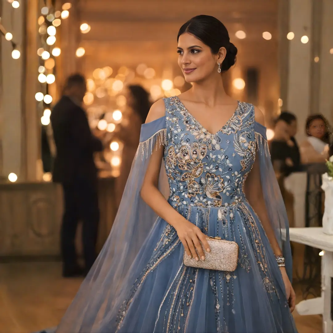 Light sky blue party wear gown styled for evening indoor party with clutch and elegant look