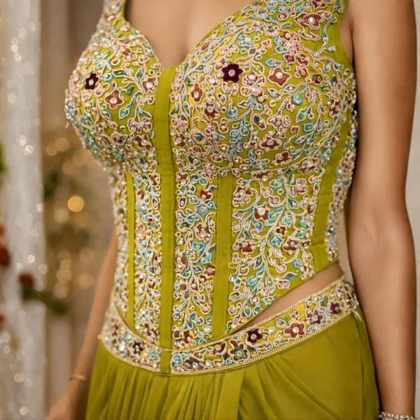 Close up of zardosi and cut dana hand embroidery on olive green saree blouse