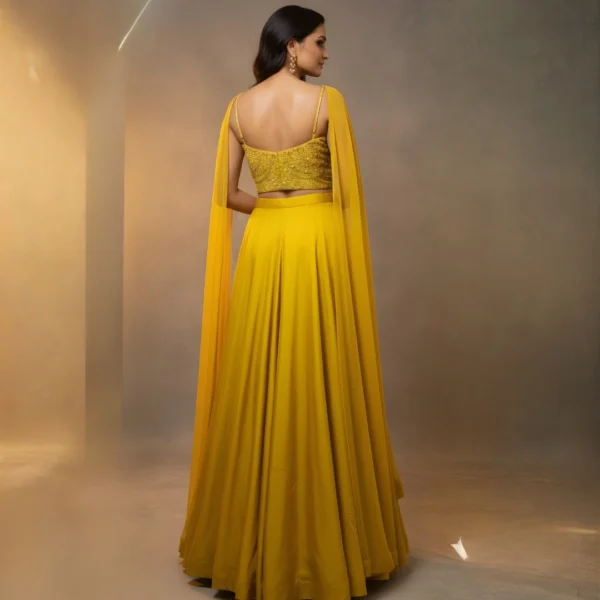 Back view of yellow Indo western lehenga with handworked blouse and flowing dupatta