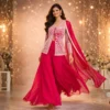 Flowing hot pink lehenga with embroidered jacket and dupatta for wedding reception wear