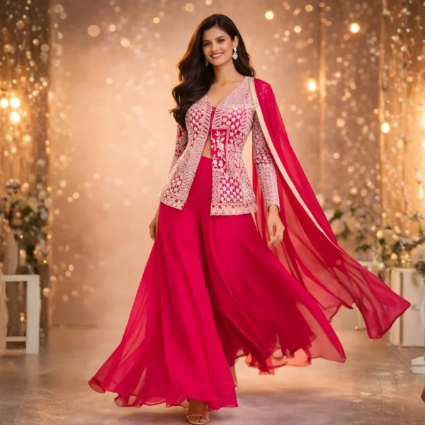 Flowing hot pink lehenga with embroidered jacket and dupatta for wedding reception wear