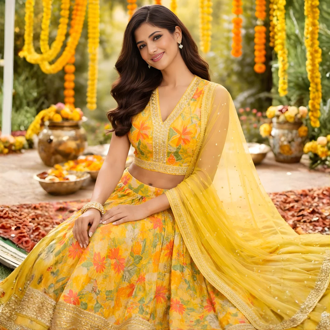 Haldi ceremony yellow gota patti lehenga worn by bride at wedding function