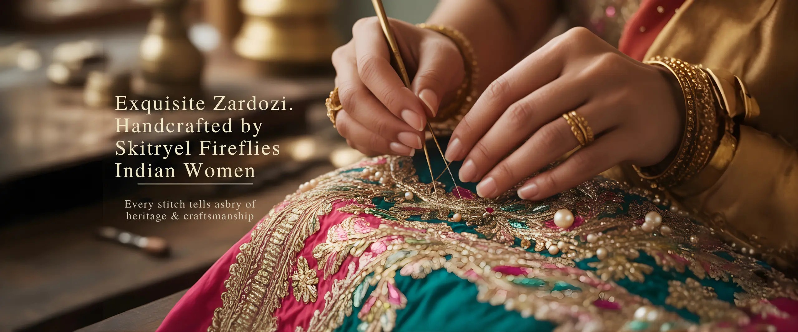Close-up of intricate zardozi hand embroidery crafted by skilled Indian women artisans