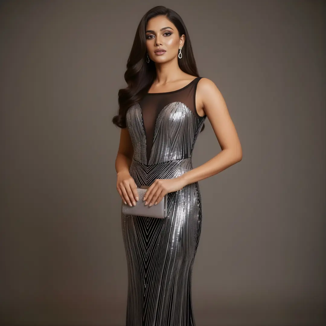 Woman wearing silver sequin fish cut gown at a luxury cocktail party holding clutch