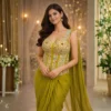 Olive green ready to wear saree styled for mehendi sangeet and wedding functions