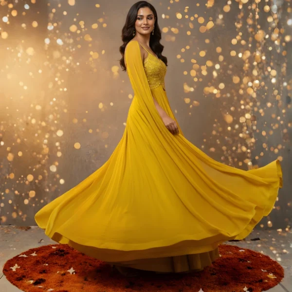 Yellow Indo western lehenga twirl shot showing flow and festive elegance