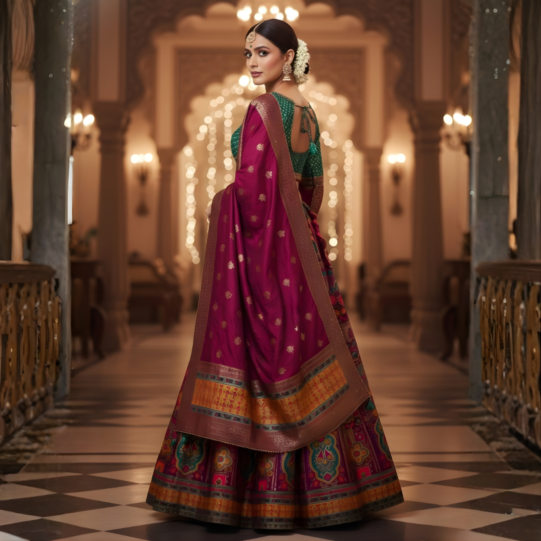 Back view of Banarasi lehenga with zari border dupatta and woven skirt detailing