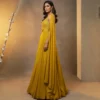 Full length side view of yellow Indo western lehenga for haldi and wedding functions