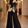 Black zardosi and cut dana embroidered Indo western crop top palazzo set for wedding and reception wear